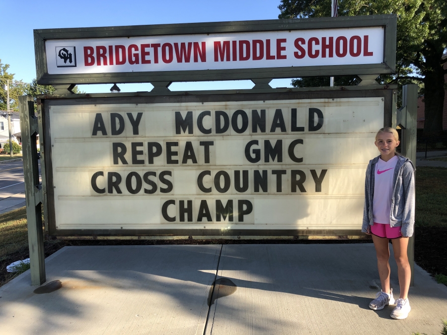 Marquee announcing Ady McDonald's repeat of GMC cross-country tournament winner